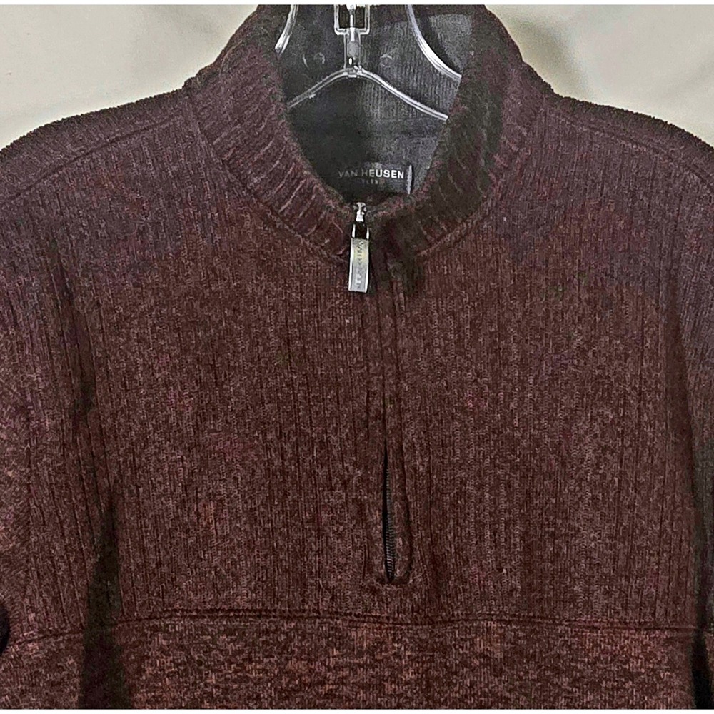 Van Heusen Men's Burgundy Marl Ribbed Quarter Zip Pullover Sweater Long Sleeve‎